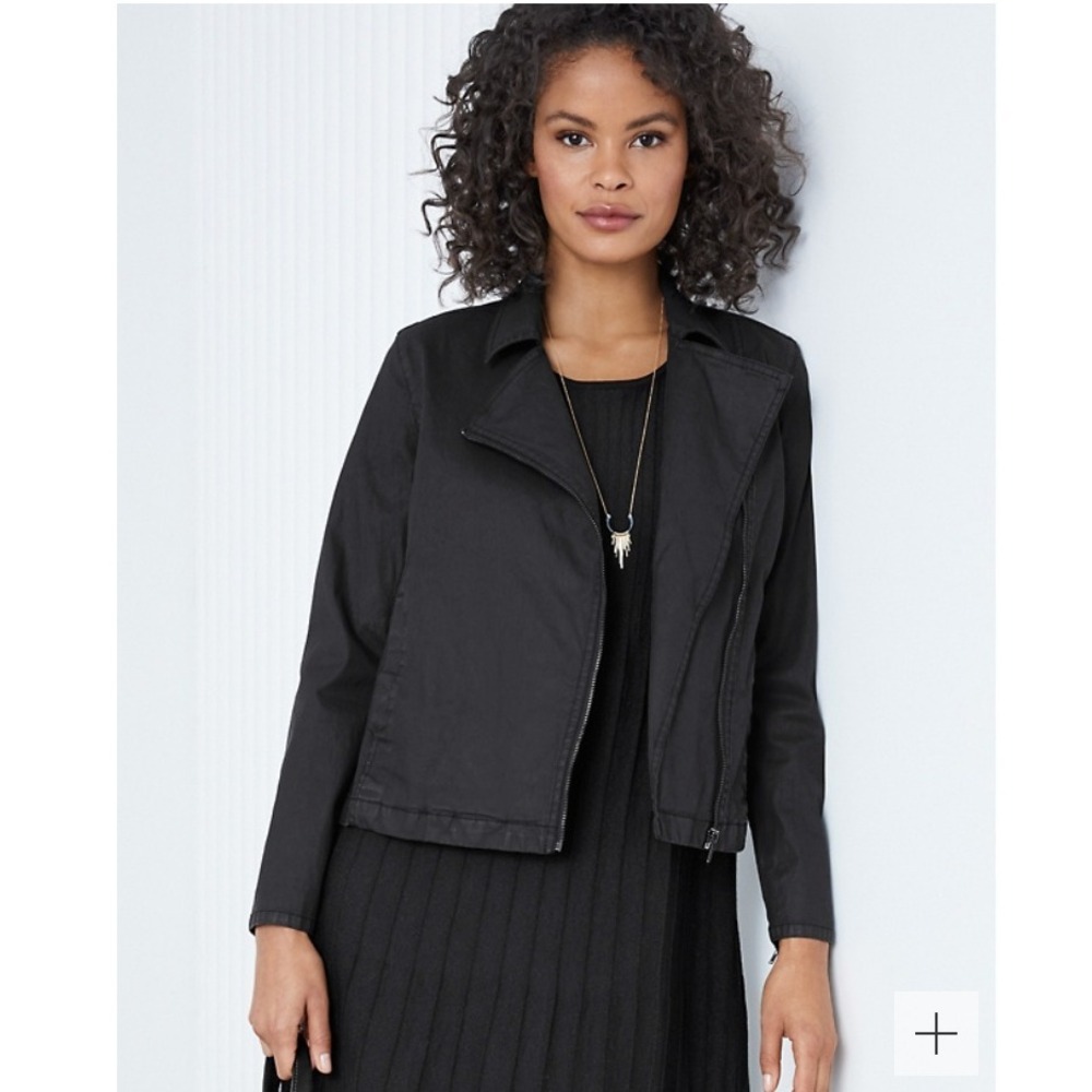 Eileen Fisher Black Organic Cotton Coated Moto Jacket Womens Medium